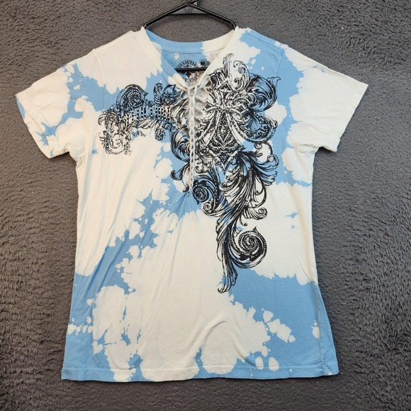 Affliction Shirt Womens Large Blue Tie-Dye Lace Up V-Neck Graphic Live Fast - Picture 1 of 6